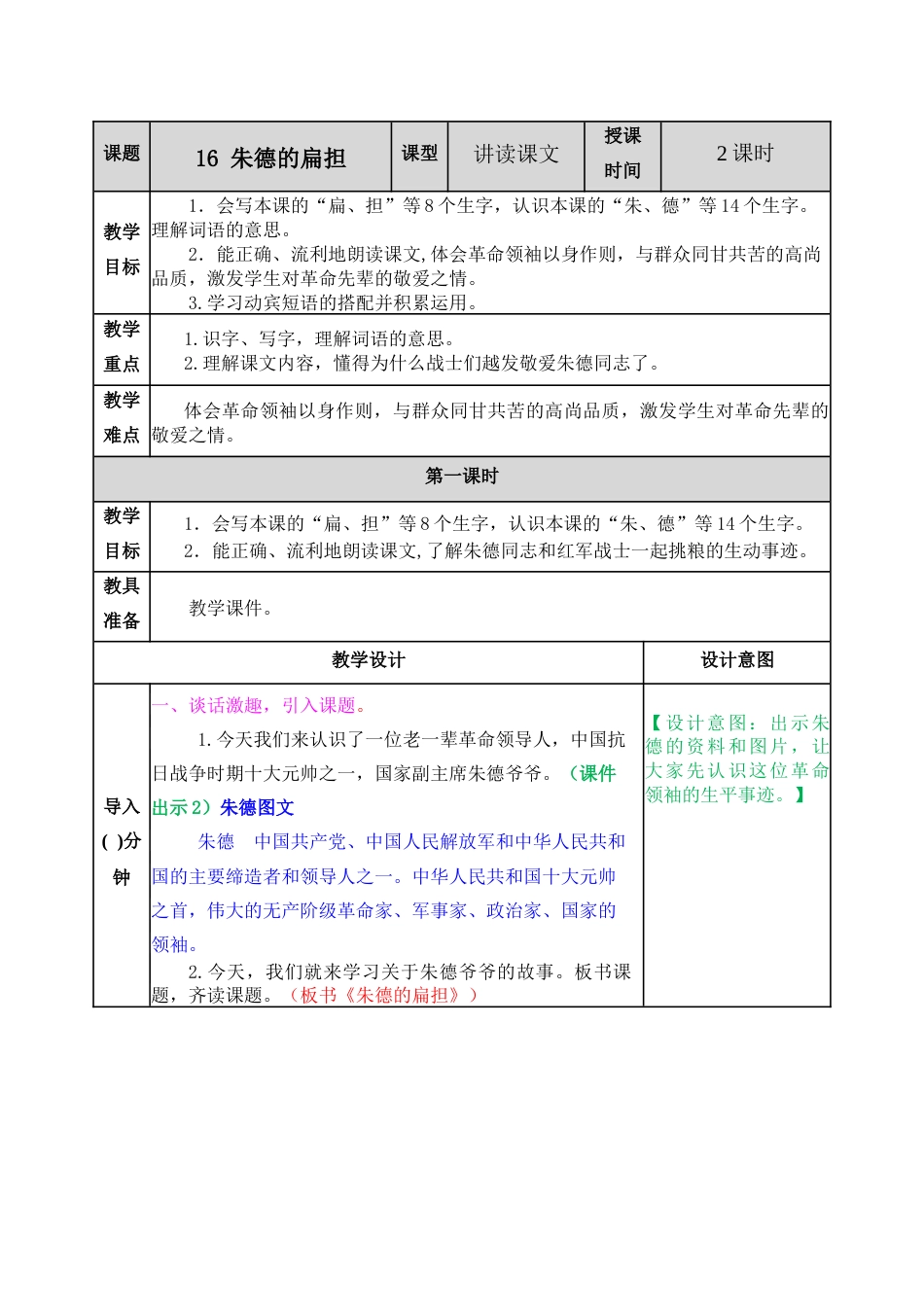 16 朱德的扁担 教学教案.docx_第1页