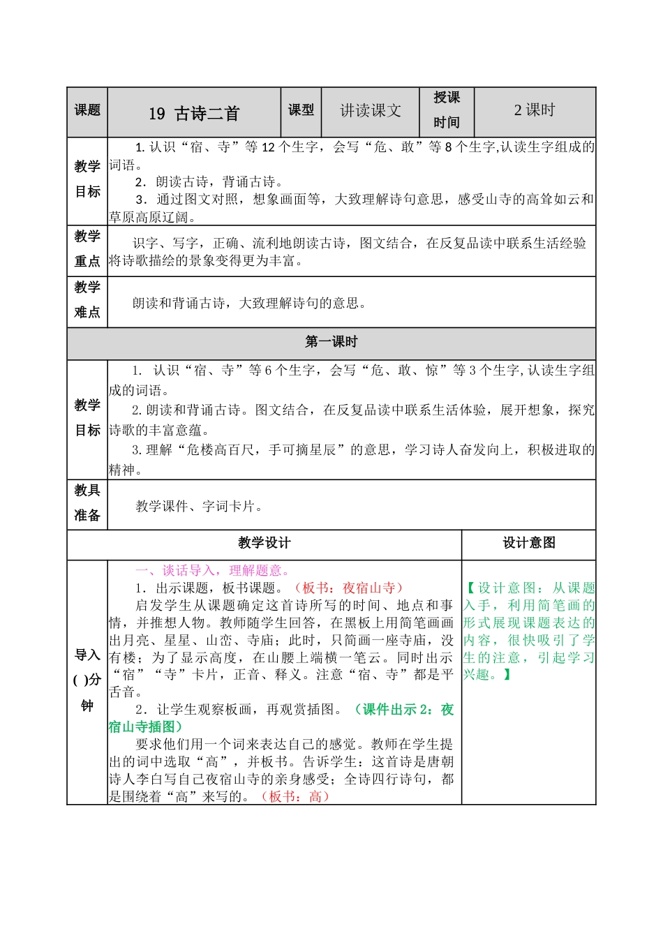 19 古诗二首 教学教案.docx_第1页