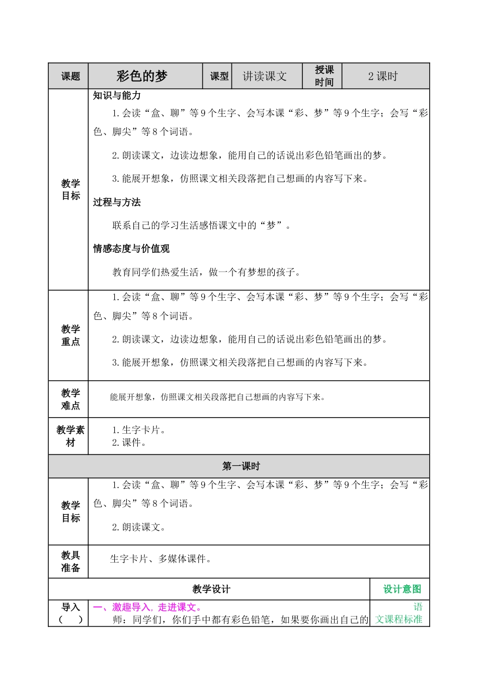 二下语文教案-08 彩色的梦.doc_第1页