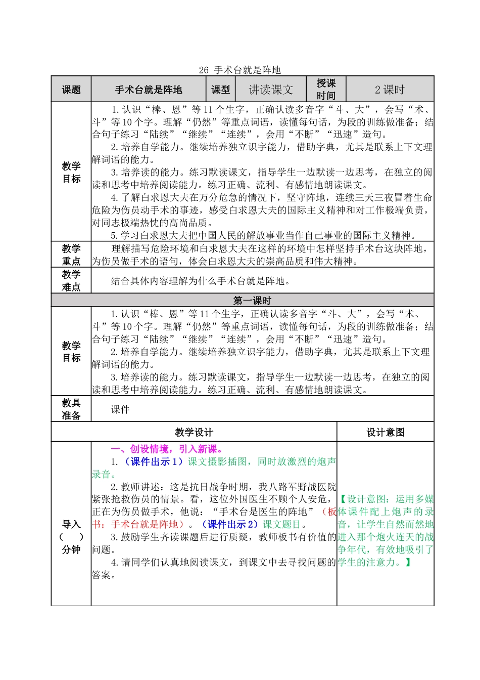 26 手术台就是阵地 教学教案.docx_第1页