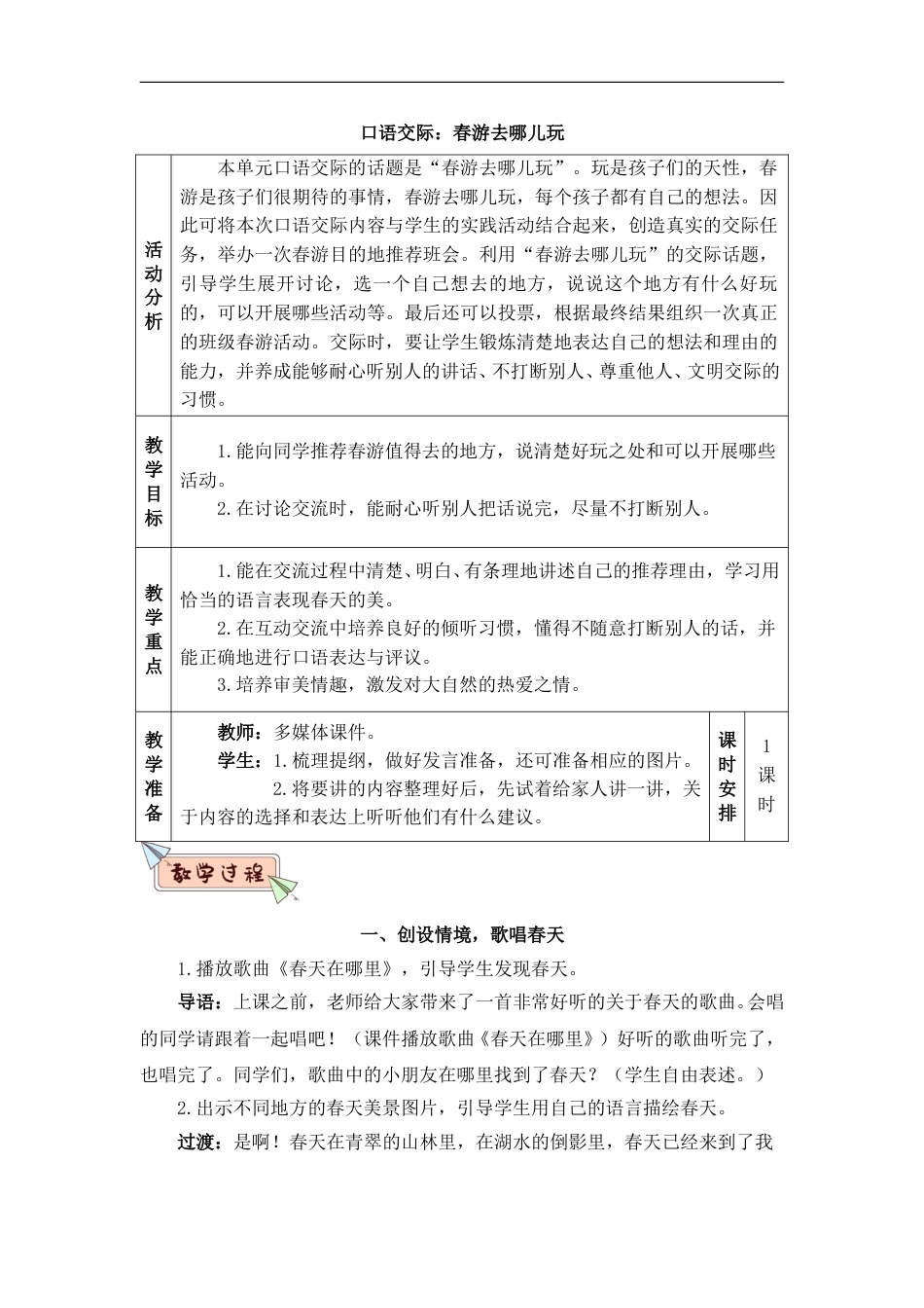 口语交际：春游去哪儿玩（教案）.doc_第1页