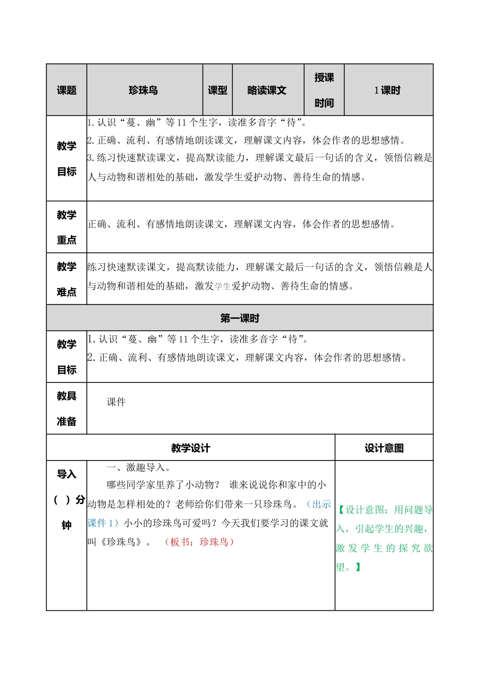 4 珍珠鸟 教学教案.doc_第1页