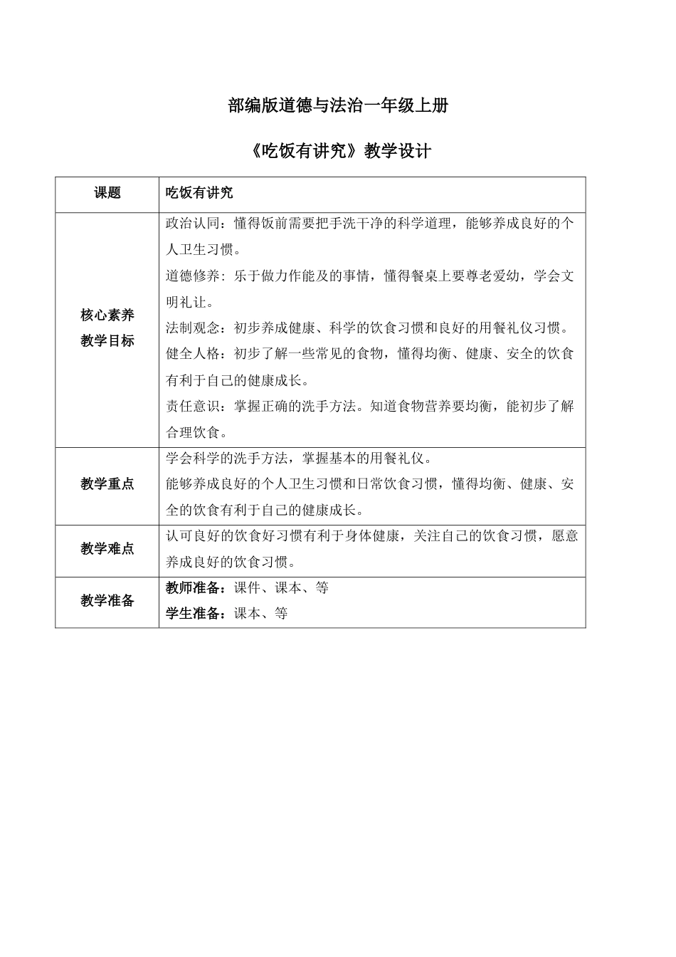 【核心素养目标】部编版道德与法治一上3.2《吃饭有讲究》教学设计.docx_第1页