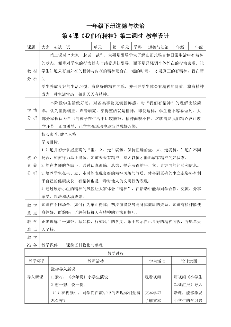 1.4 我们有精神 第二课时（教学设计） （统编版）.docx_第1页