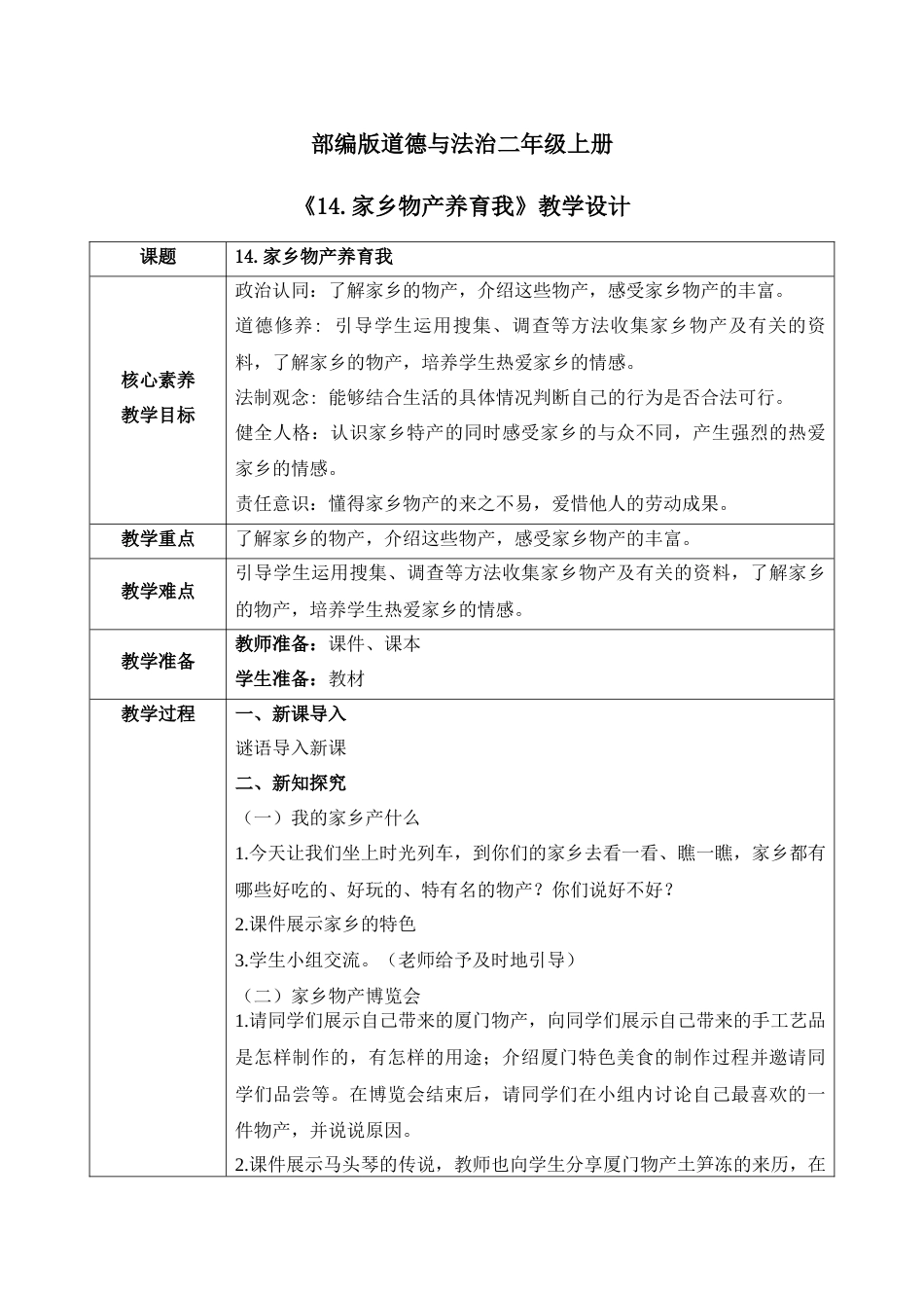 【核心素养目标】部编版道德与法治二上14.《家乡物产养育我》教学设计.docx_第1页