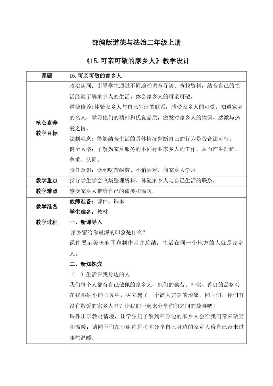【核心素养目标】部编版道德与法治二上15.《可亲可敬的家乡人》教学设计.docx_第1页