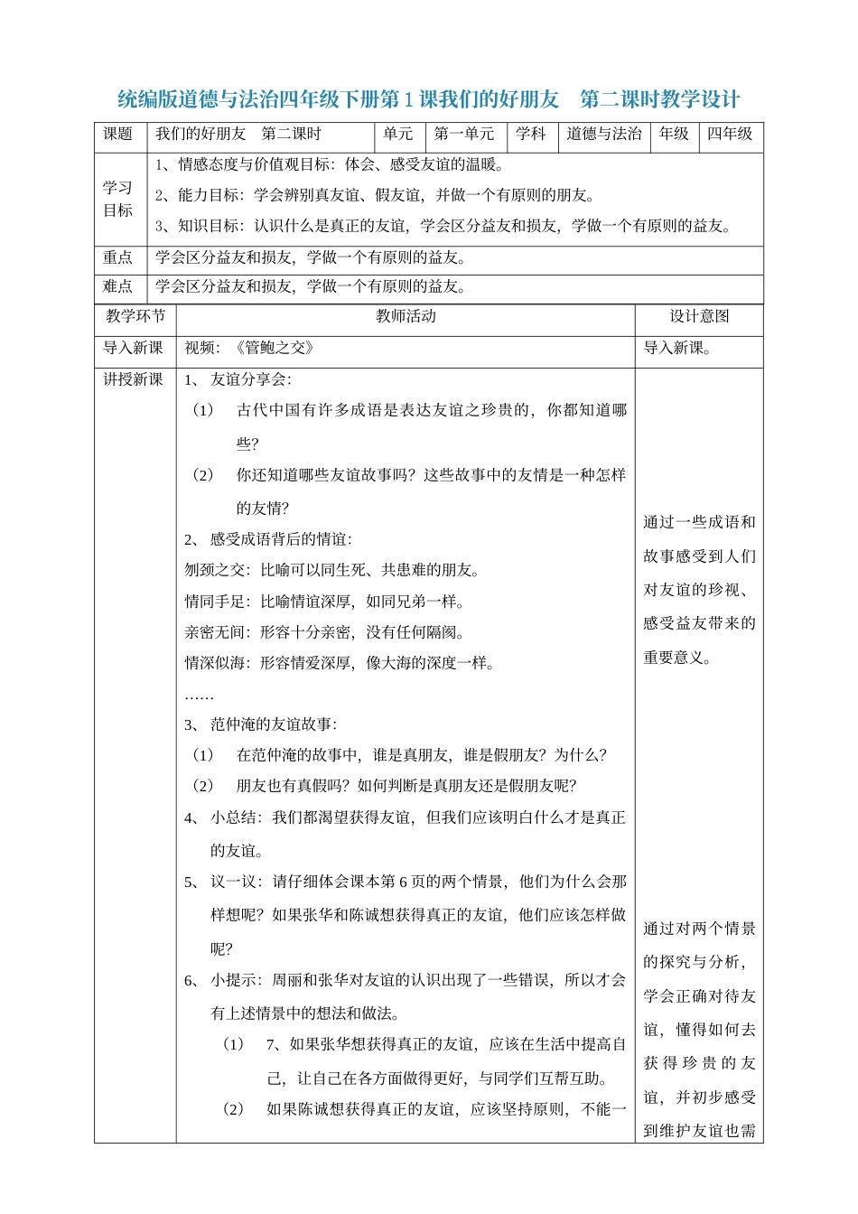 1我们的好朋友  第二课时教案.doc_第1页
