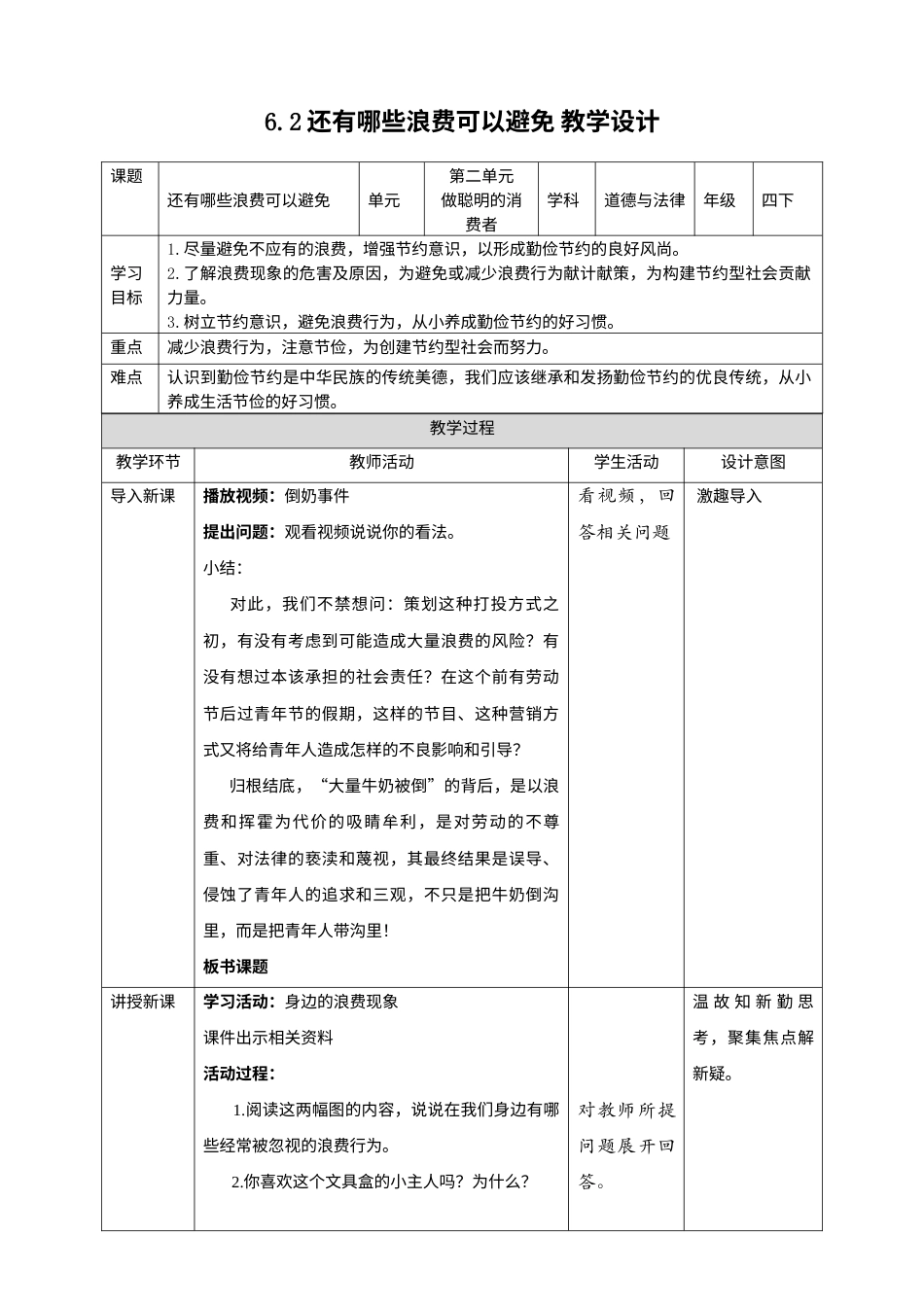 6有多少浪费本可避免（第二课时）+教案-四年级下册道德与法治.docx_第1页