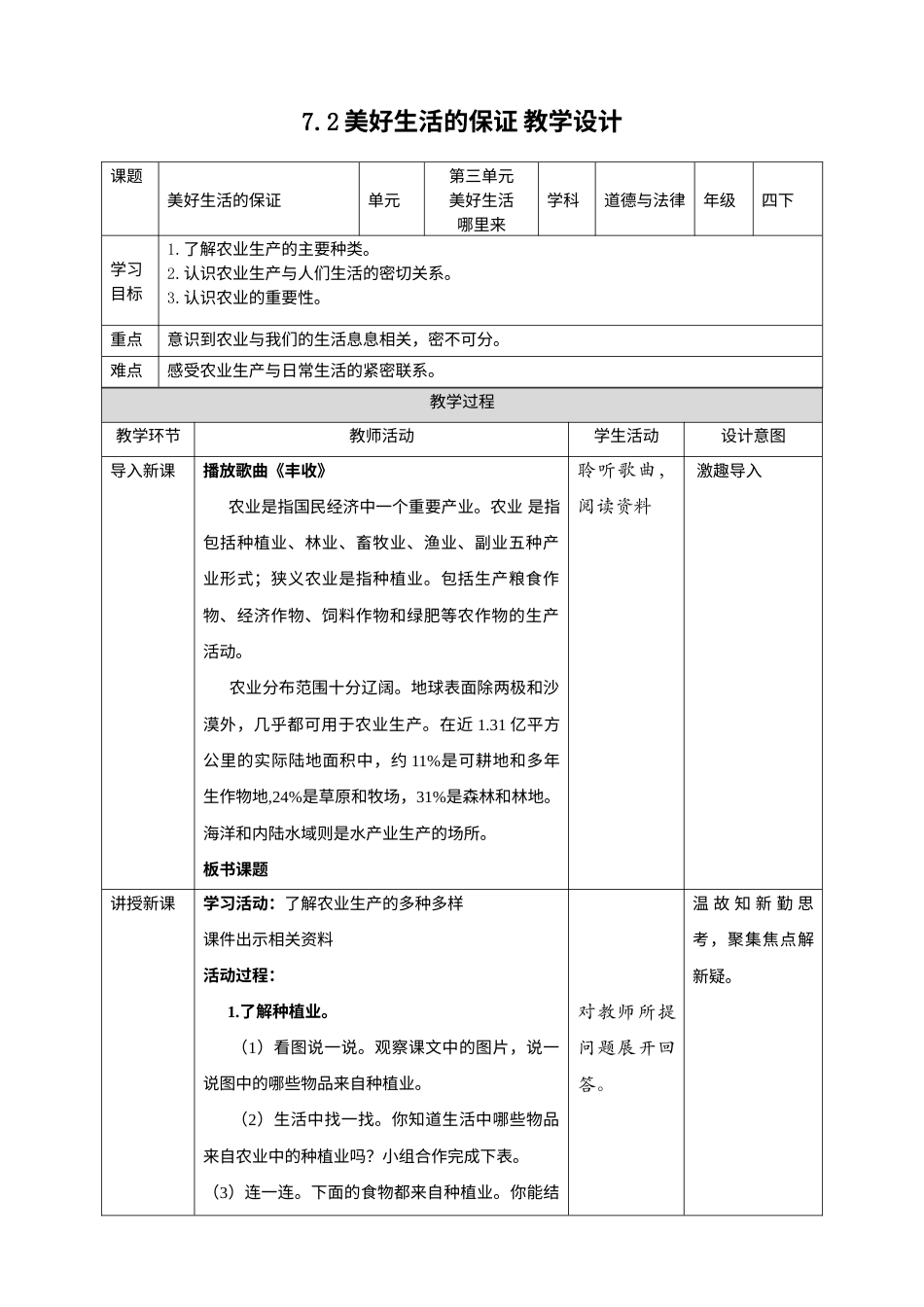 7我们的衣食之源（第二课时）+教案-四年级下册道德与法治.docx_第1页