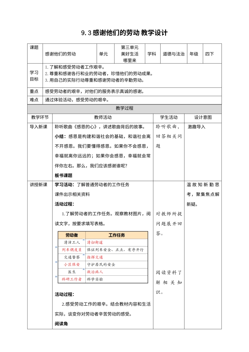 9生活离不开他们（第三课时）+教案-四年级下册道德与法治.docx_第1页