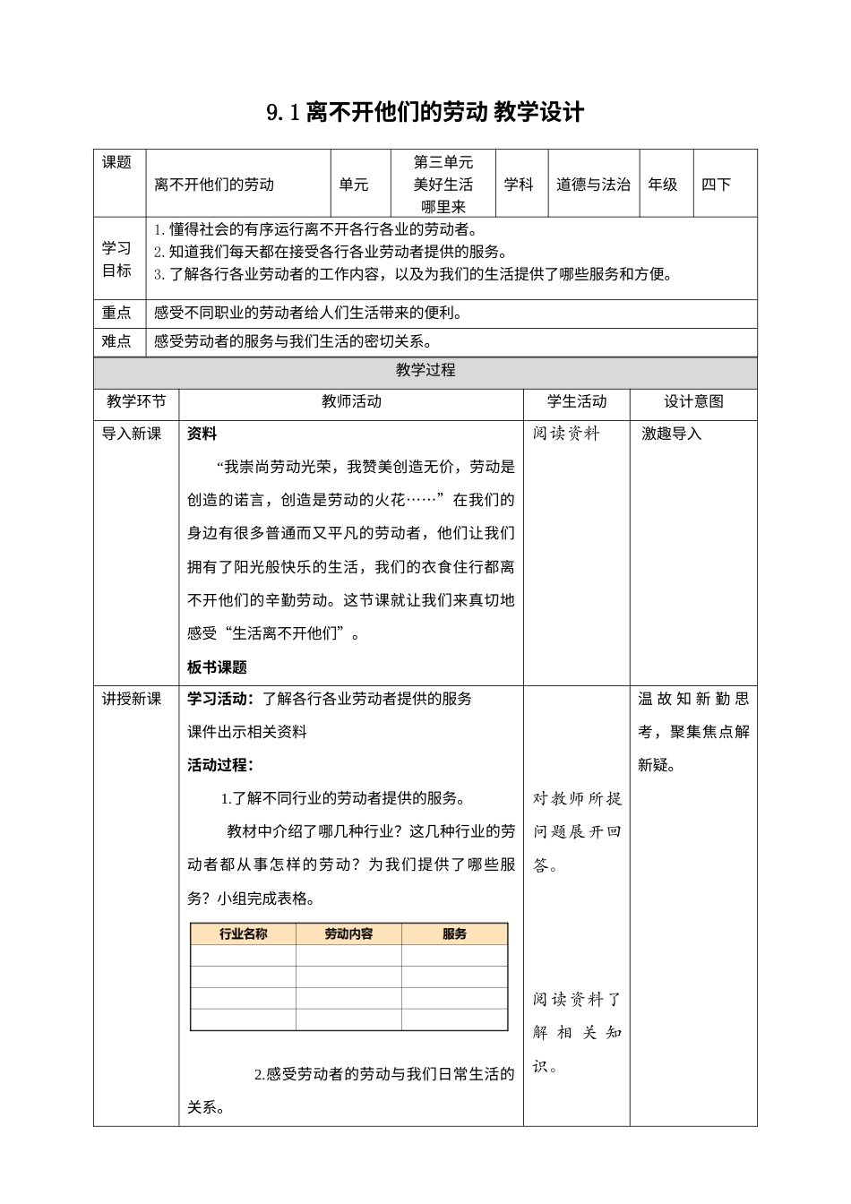 9生活离不开他们（第一课时）+教案-四年级下册道德与法治.docx_第1页