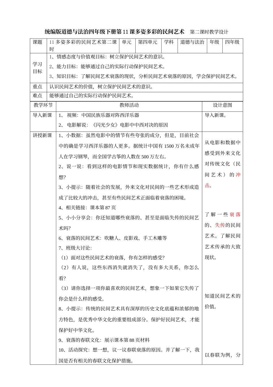 11多姿多彩的民间艺术  第二课时教案.doc_第1页