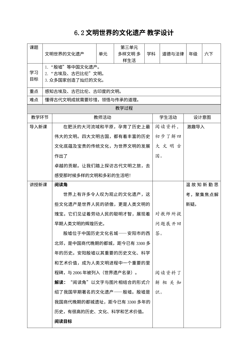 6探访古代文明(第2课时) 教案-六年级下册道德与法治.docx_第1页