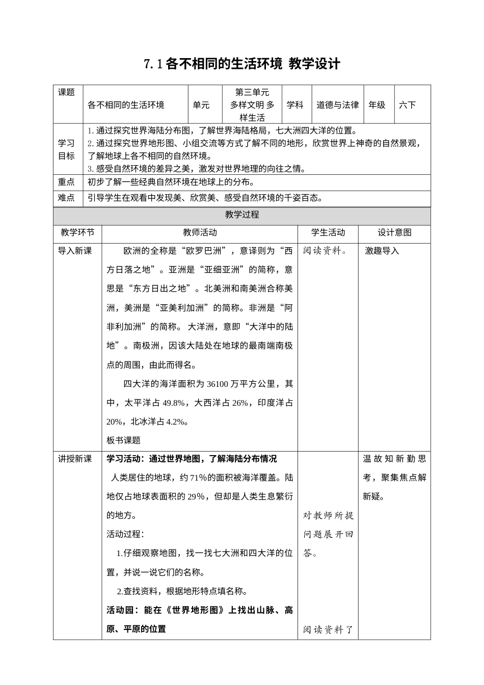 7多元文化 多样魅力(第1课时) 教案-六年级下册道德与法治.docx_第1页