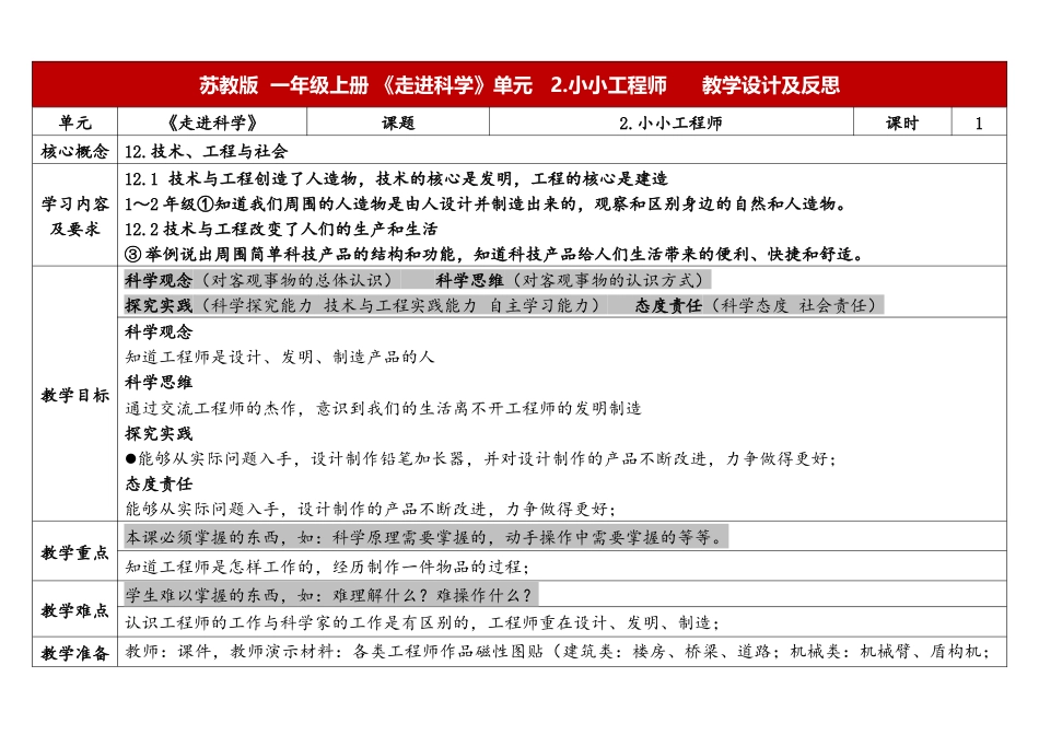 一年级上册苏教版科学2.《小小工程师》教学设计.docx【老课标】_第1页