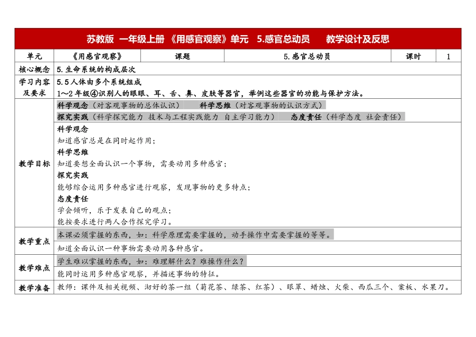 一年级上册苏教版科学5.《感官总动员》教学设计.docx【老课标】_第1页