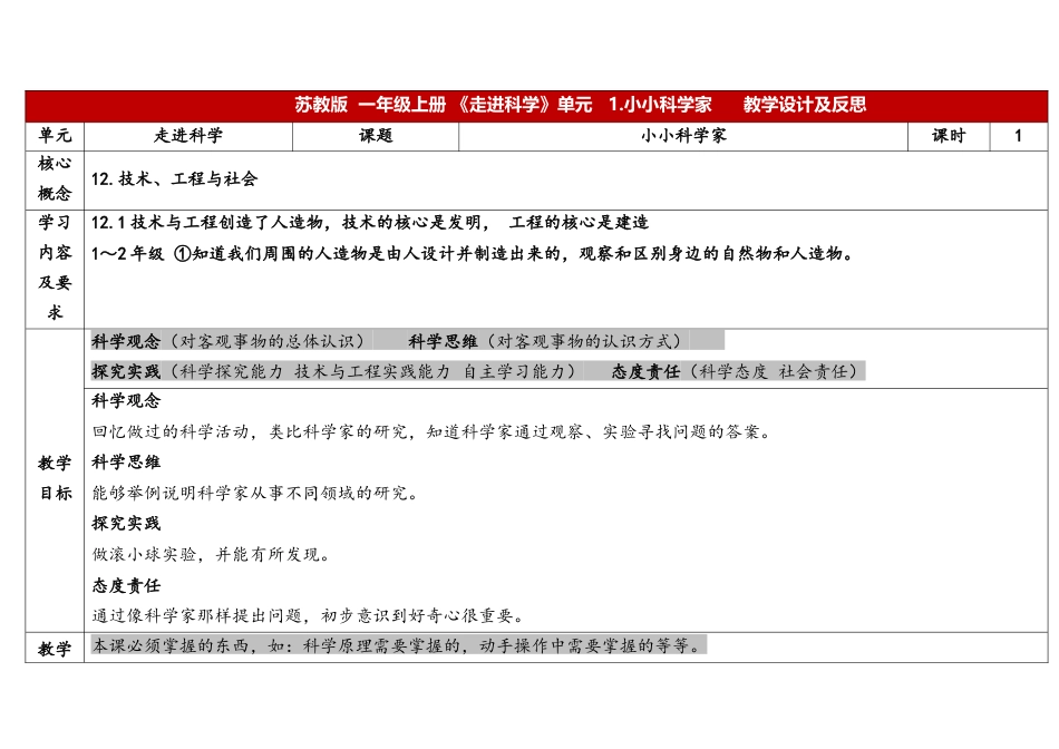 一年级科学上册苏教版一上1.1《小小科学家》表格式.docx_第1页