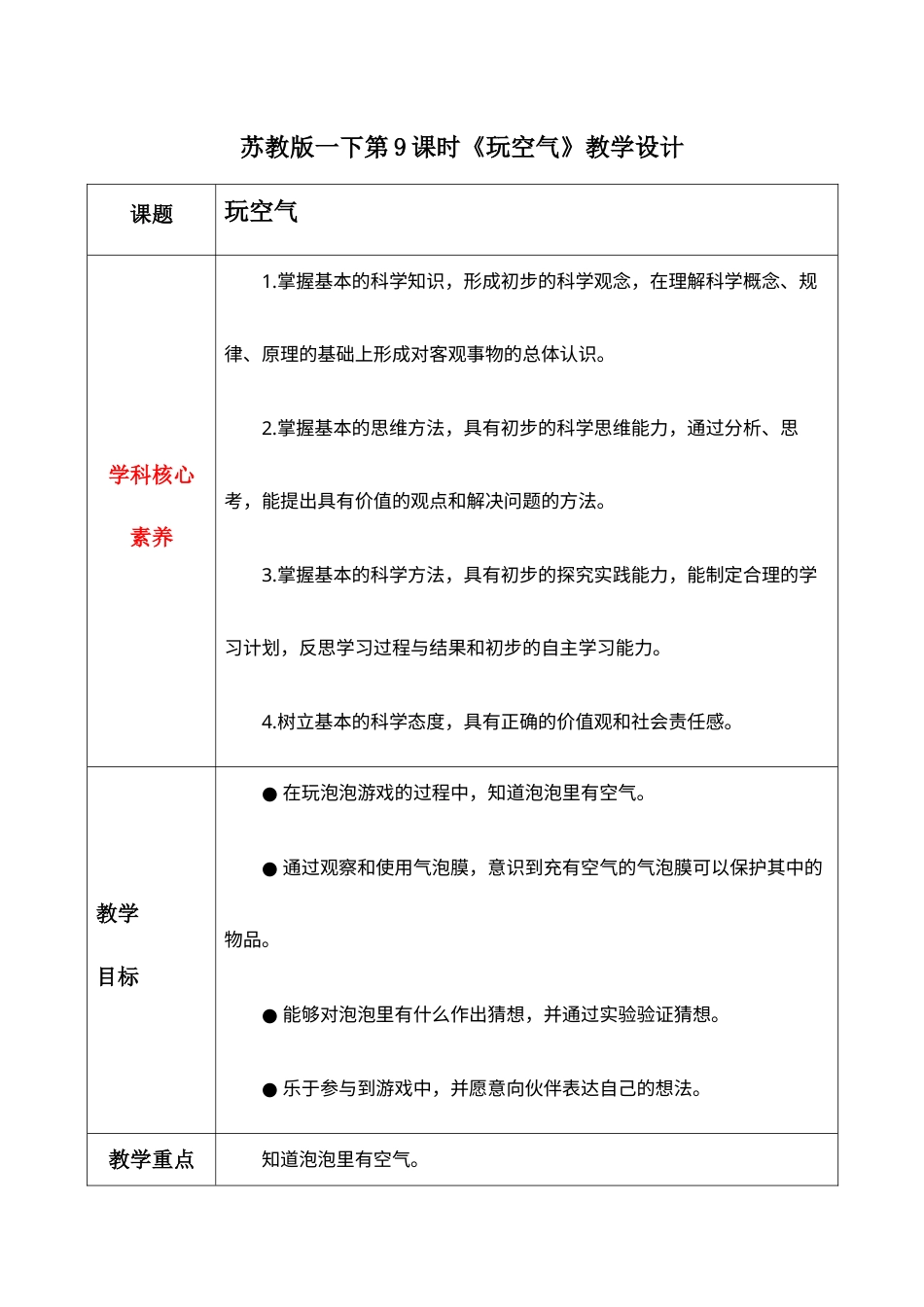 一年级下册科学（苏教）3.9 玩空气（教学设计）-（苏教版·2024）.docx_第1页