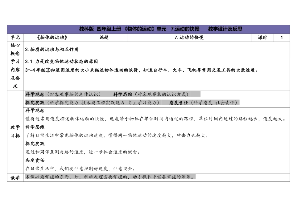（苏教版）小学科学四上 2.3 运动的快慢 春.docx_第1页