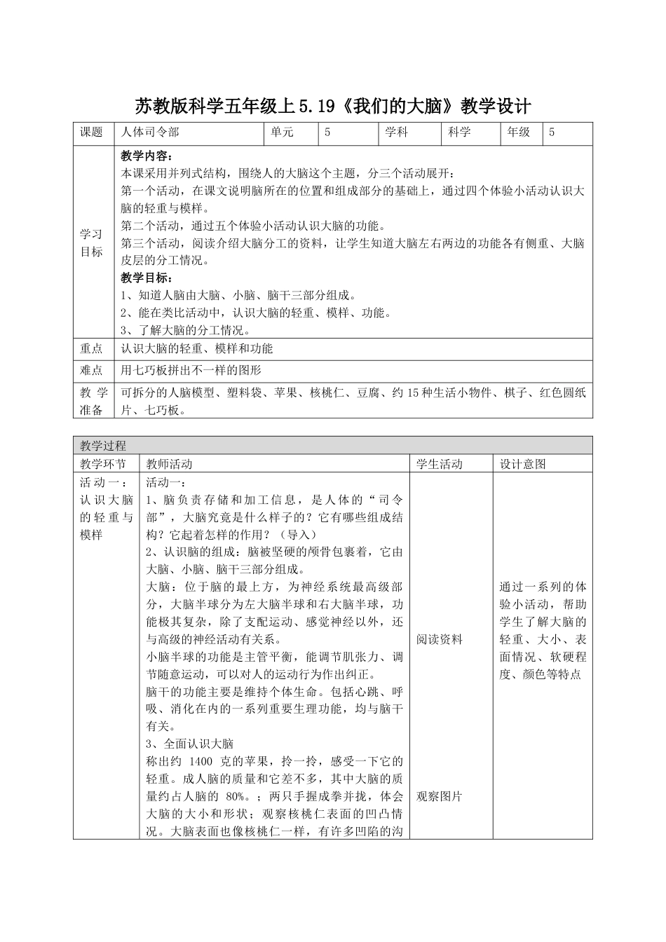 小学五年级上册科学-第19课 我们的大脑（教学设计）（苏教版）.docx_第1页