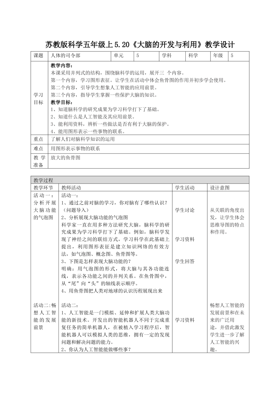 小学五年级上册科学-第20课 大脑的开发与利用（教学设计）（苏教版）.docx_第1页