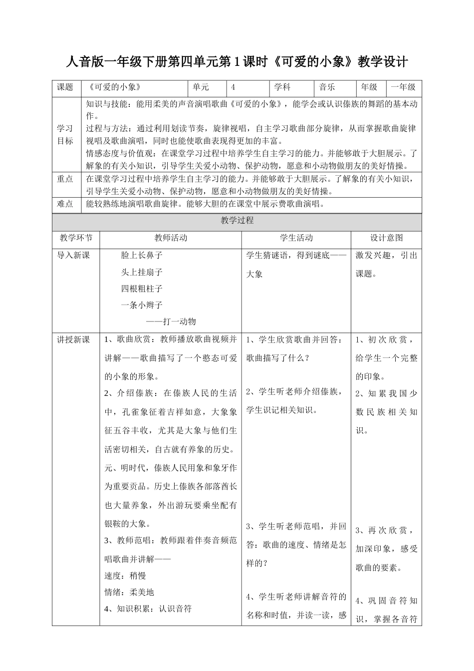 人音版一年级下册第四单元第1课时《可爱的小象》.doc_第1页
