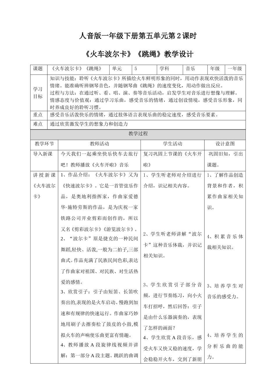 人音版一年级下册第五单元第2课时《火车波尔卡》《跳绳》.doc_第1页