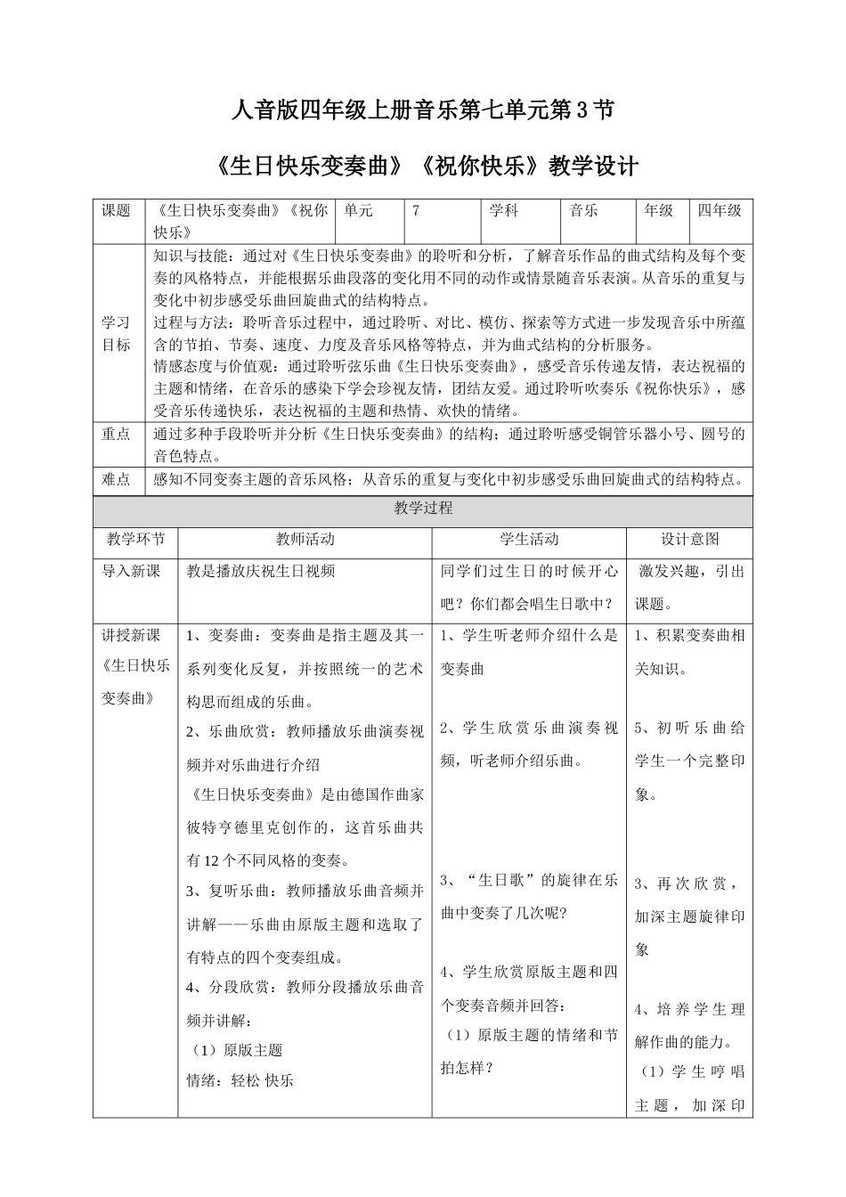 人音版四年级上册音乐第七单元第3节《生日快乐变奏曲》《祝你快乐》.doc_第1页