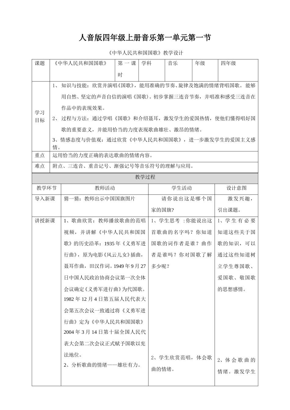 人音版四年级上册音乐第一单元第一节《中华人民共和国国歌》教学设计.doc_第1页