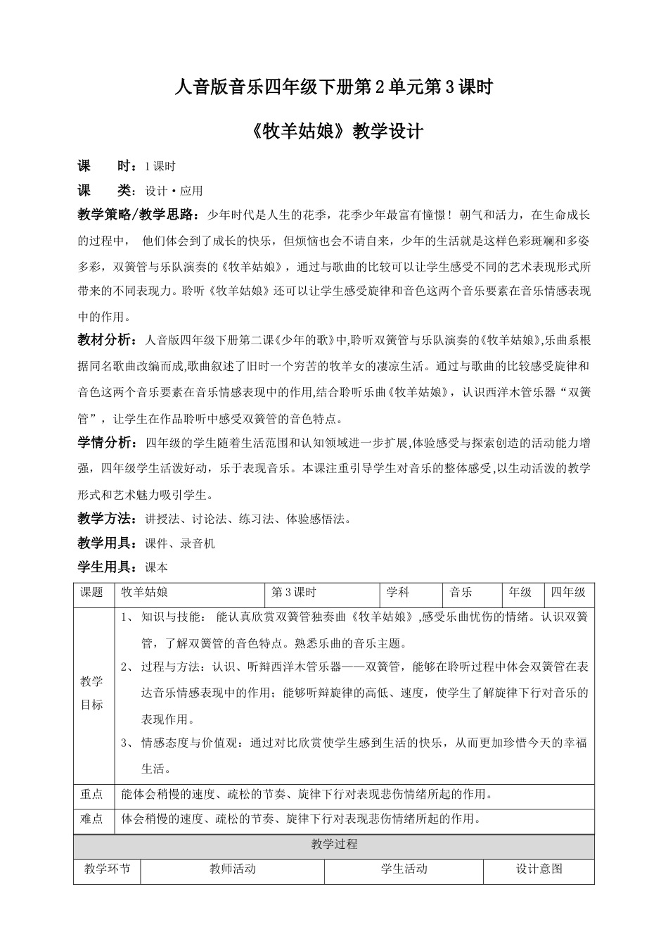 人音版音乐四年级下册第二课第3课时《牧羊姑娘》（教案）.doc_第1页