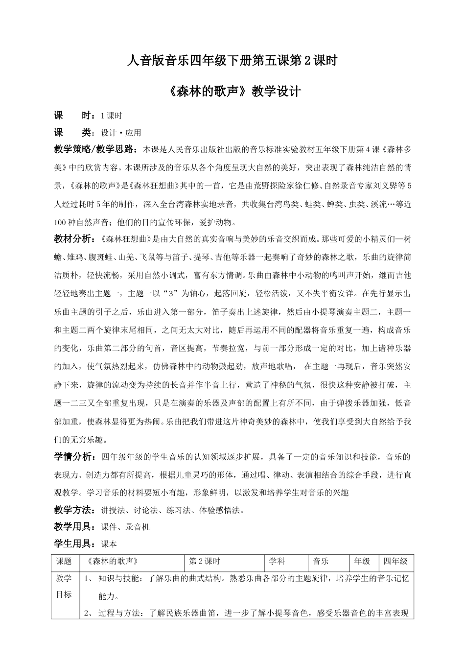 人音版音乐四年级下册第五课第2课时《森林的歌声》（教案）.doc_第1页