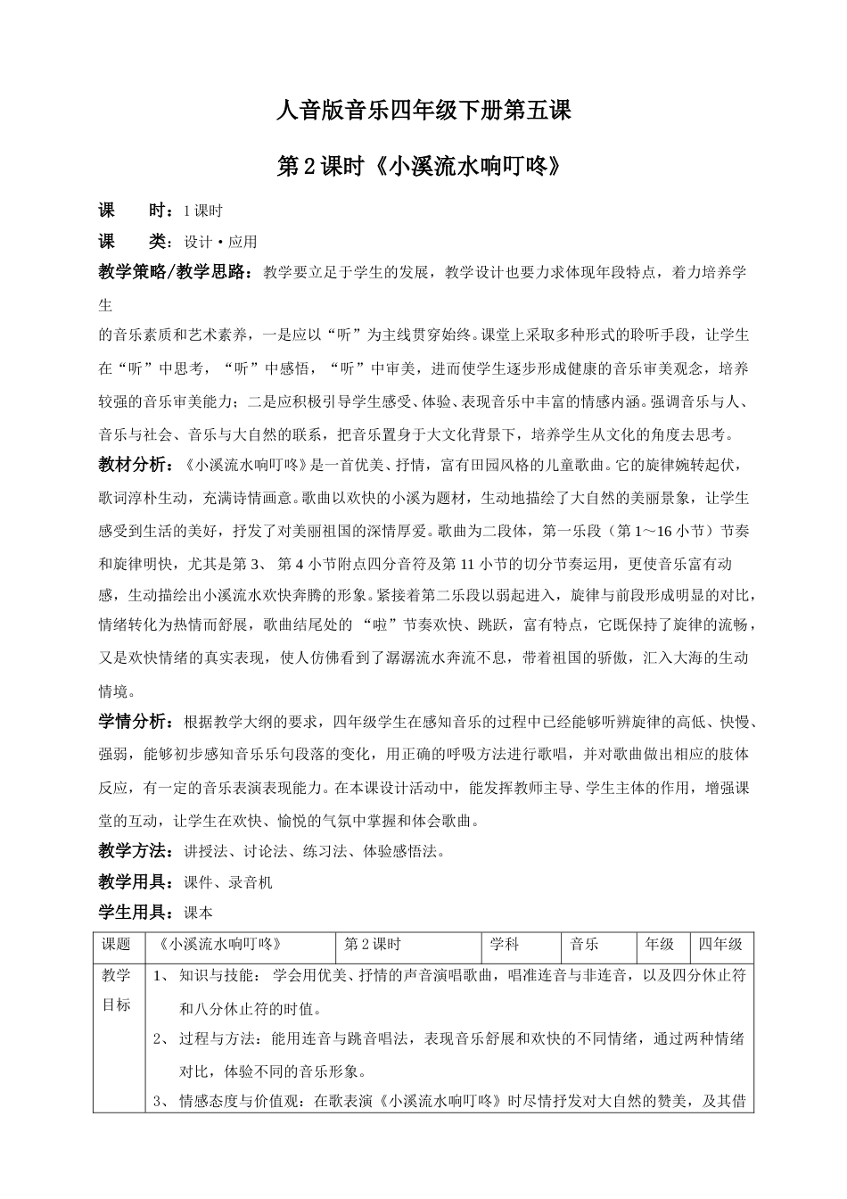 人音版音乐四年级下册第五课第2课时《小溪流水响叮咚》（教案）.doc_第1页