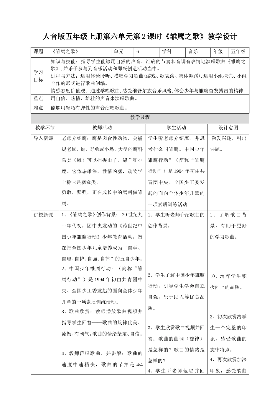 人音版五年级上册第六单元第2课时《雏鹰之歌》教学设计.doc_第1页