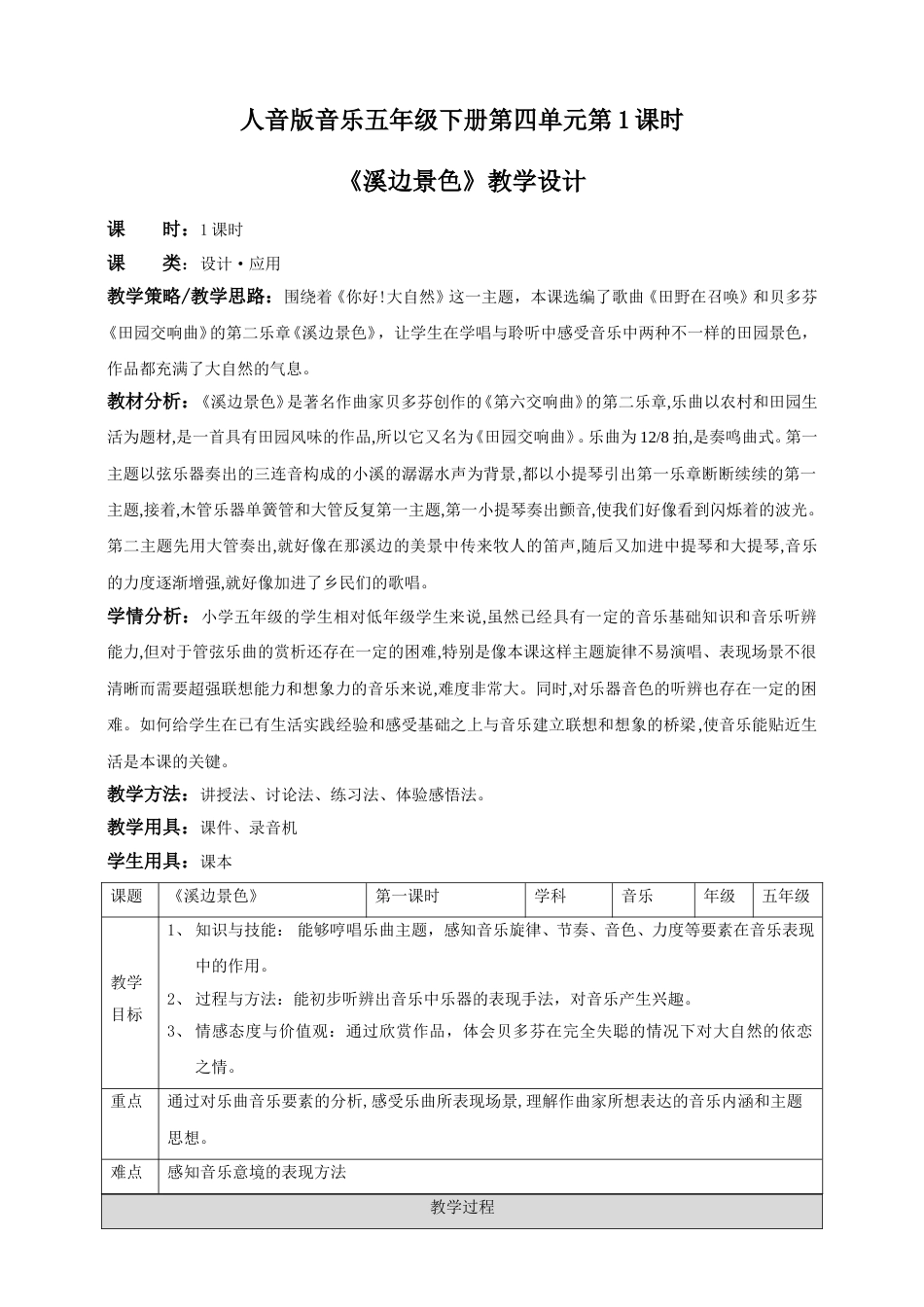 人音版音乐五年级下册第四单元第1课时《溪边景色》（教案）.doc_第1页