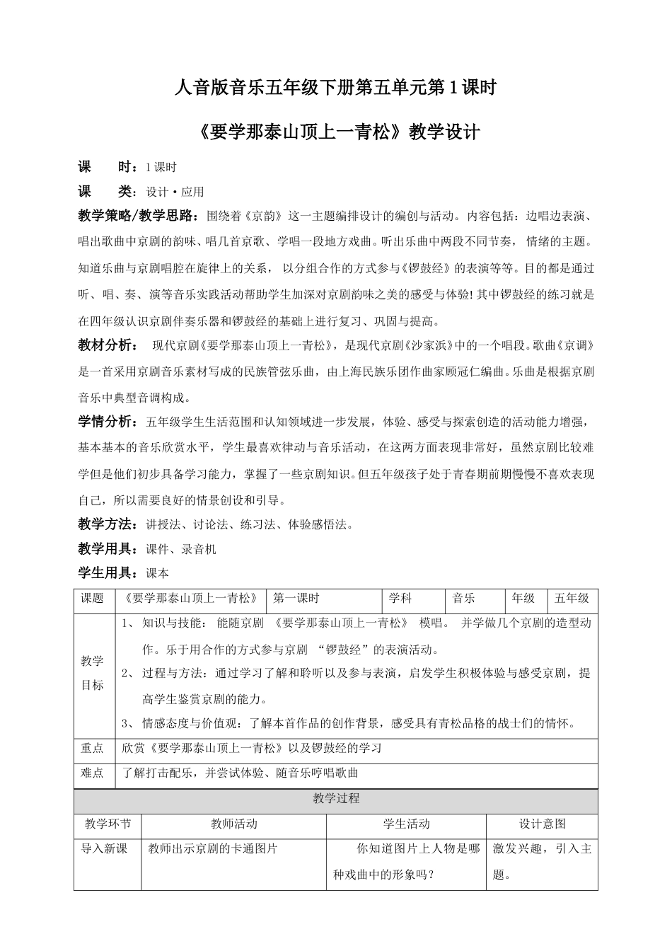 人音版音乐五年级下册第五单元第1课时《要学那泰山顶上一青松》（教案）.doc_第1页
