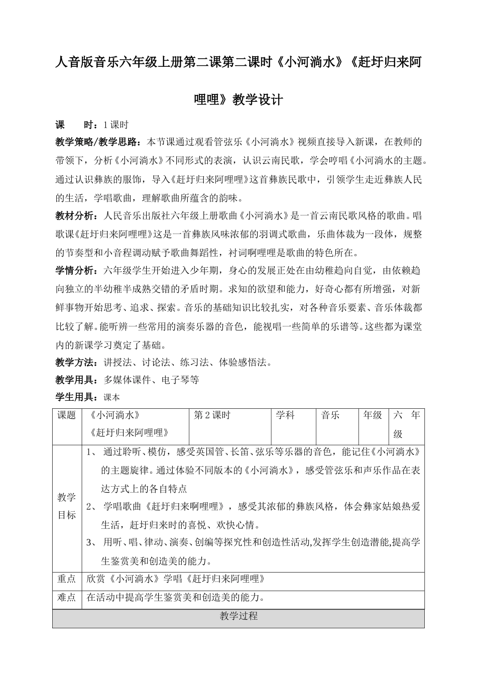 人音版六年级上册第二课第一课时《小河淌水》+《赶圩归来阿哩哩》教案.doc_第1页