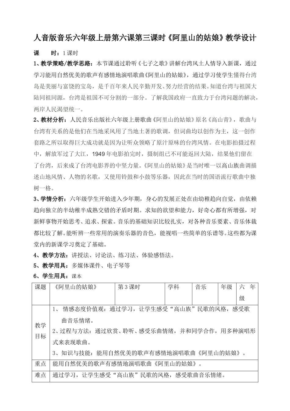 人音版六年级上册第六课第三课时《阿里山的姑娘》教案.doc_第1页