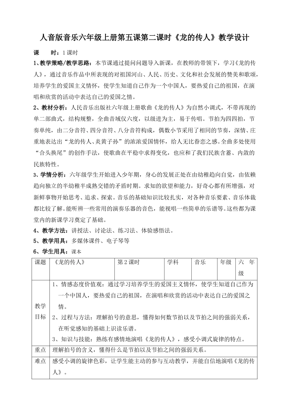 人音版六年级上册第五课第二课时《龙的传人》教案.doc_第1页