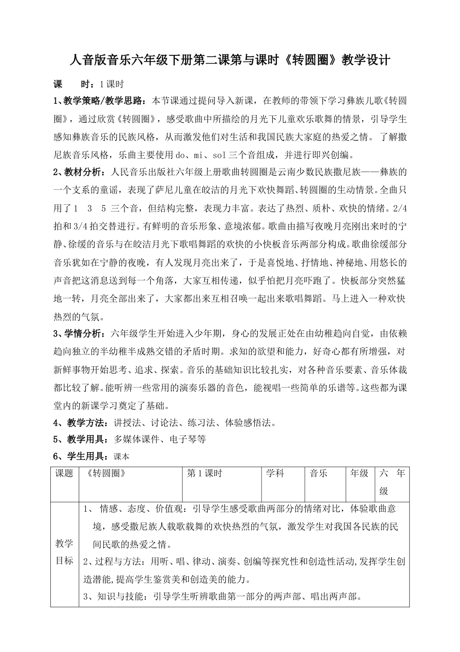 人音版六年级下册第二课第一课时《转圆圈》教案.doc_第1页