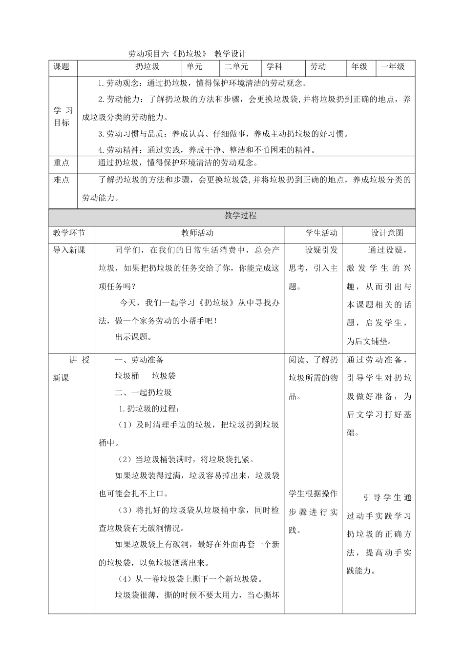 【核心素养目标】人教版《劳动教育》一上 第二章 家务劳动 小帮手  劳动项目六《扔垃圾》 教案.doc_第1页