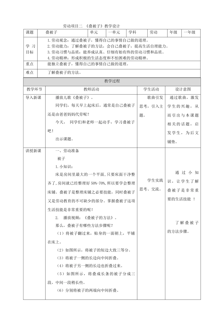 【人教版】《劳动教育实践活动手册》1年级下册  第一章 生活自理爱劳动  劳动项目二 《叠被子》 教案.doc_第1页