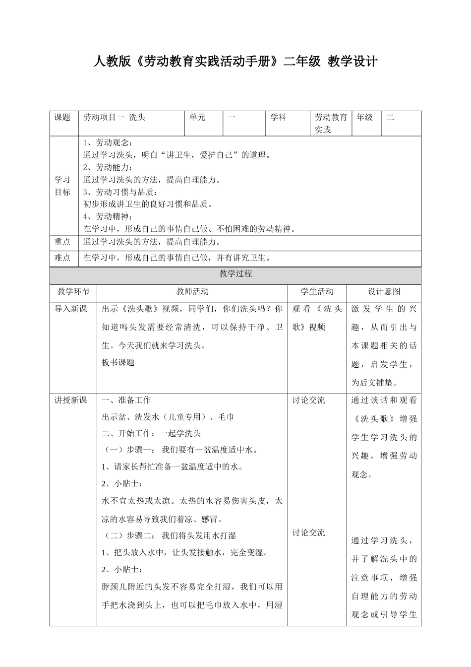 【核心素养目标】《劳动教育》二下 劳动项目一 洗头 教学设计.doc_第1页