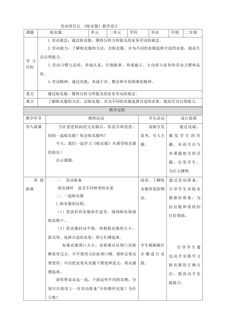 【核心素养目标】人教版《劳动教育》二上 第二章 加我劳动 小帮手 劳动项目五 《晾衣服》教案.doc_第1页