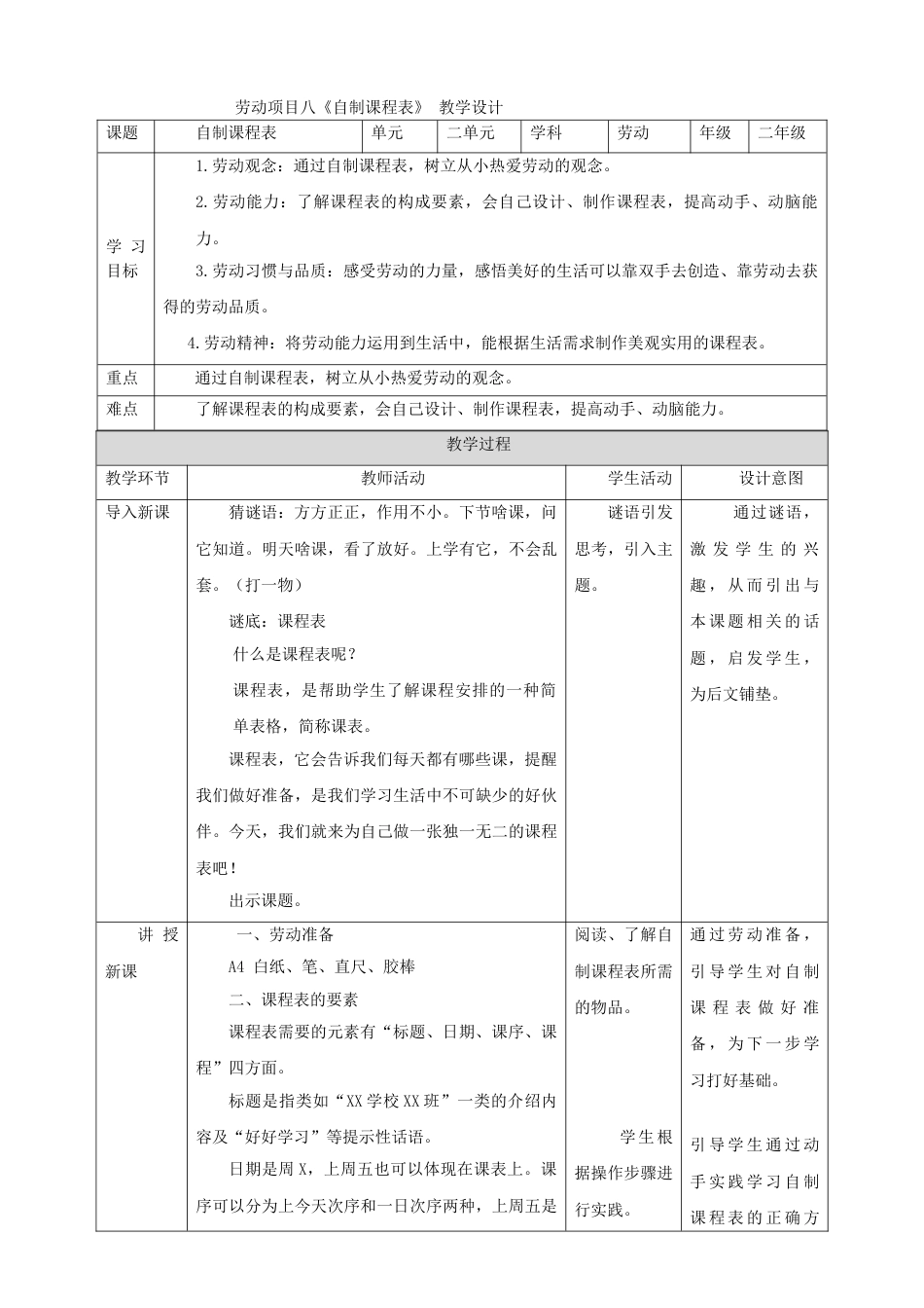 【核心素养目标】人教版《劳动教育》二上 第三章 校园劳动 我能行 劳动项目八《自制课程表》 教案.doc_第1页