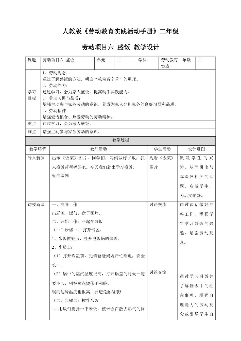 【核心素养目标】人教版《劳动教育》二下  劳动项目六 盛饭 教学设计.doc_第1页