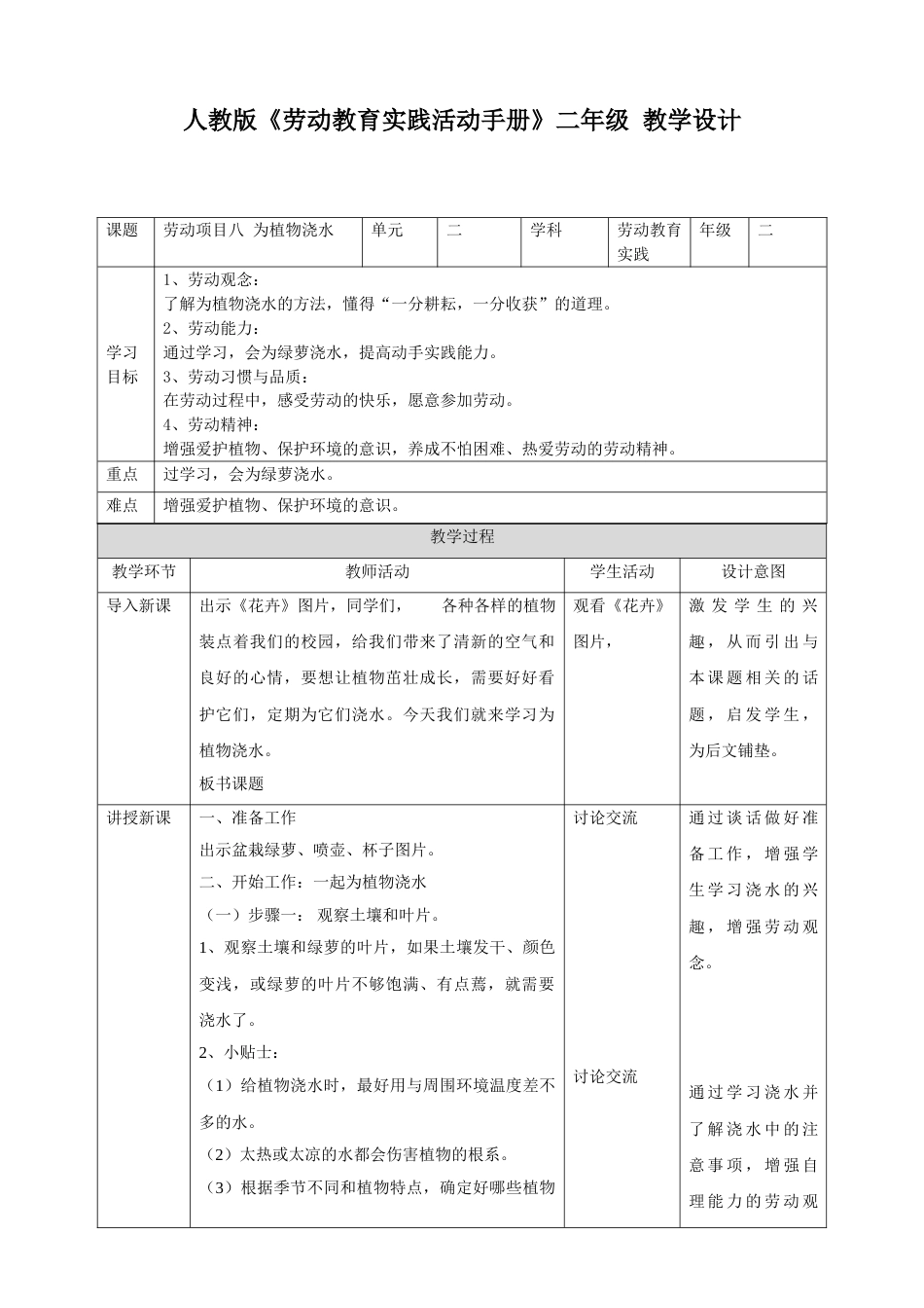 【核心素养目标】人教版《劳动教育》二下 劳动项目八  为植物浇水  教案.doc_第1页