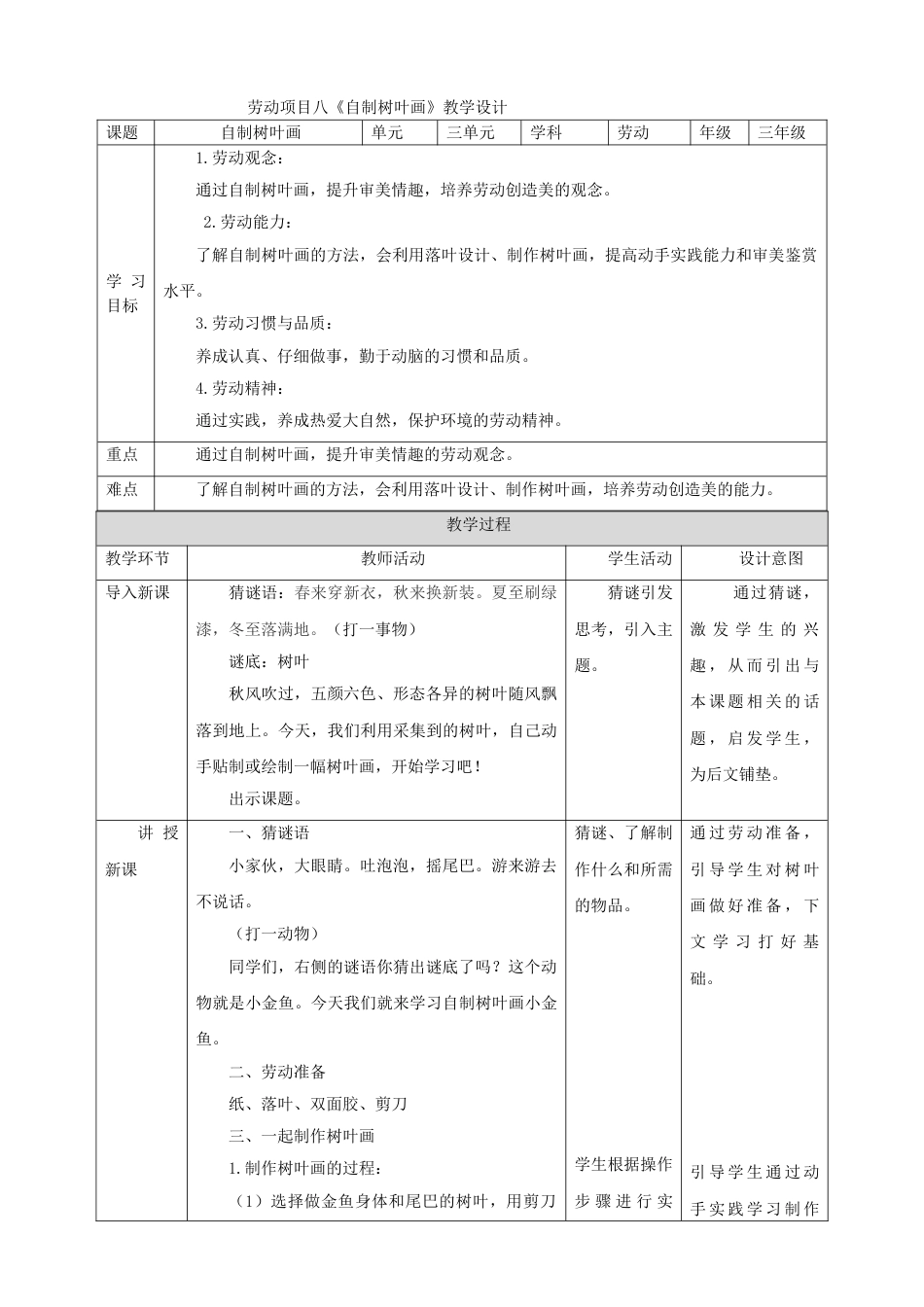 【核心素养目标】人教版《劳动教育》三上 劳动项目八《自制树叶画》教案.doc_第1页