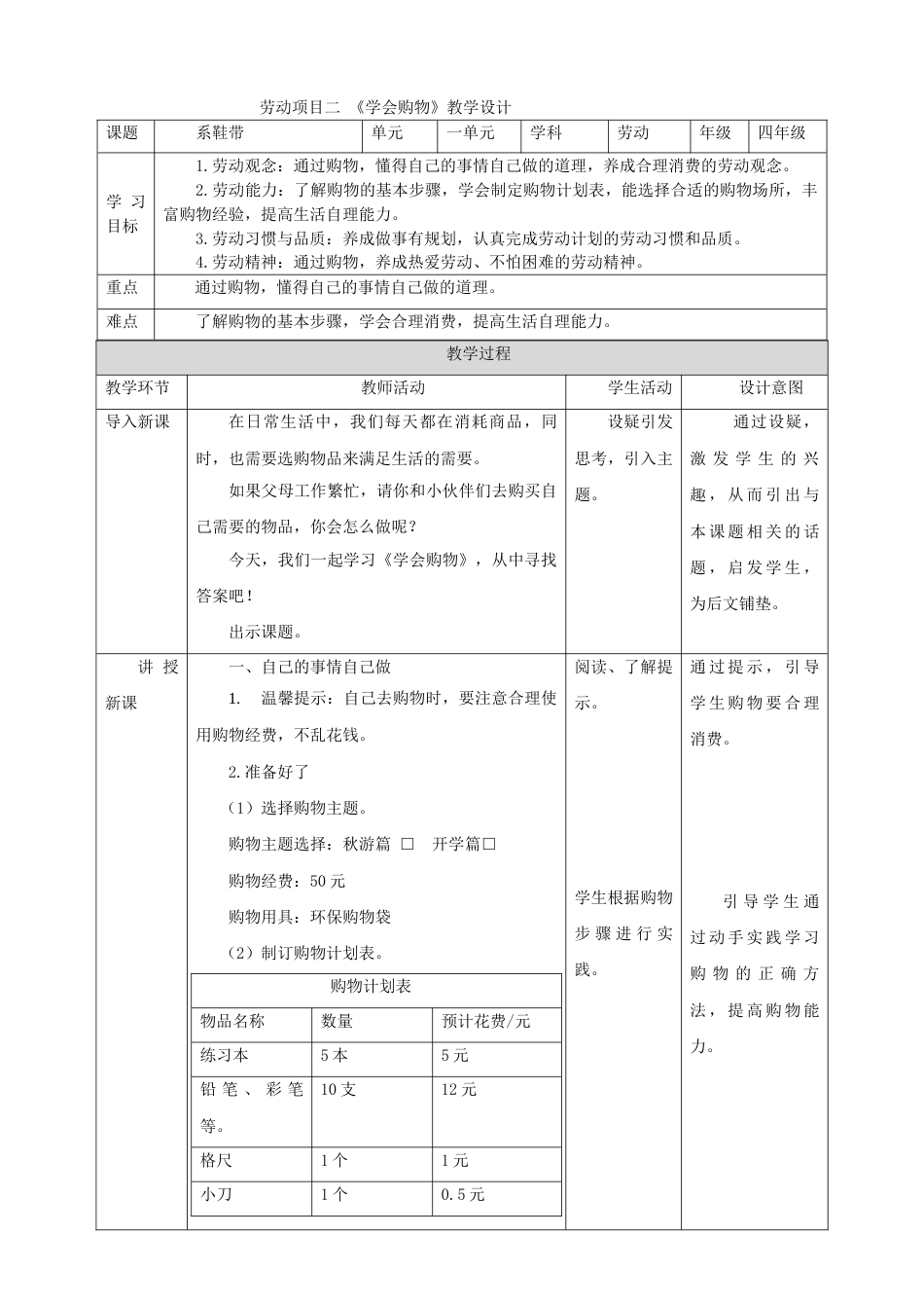 【核心素养目标】人教版《劳动教育》四上  劳动项目二 《学会购物》教案.doc_第1页
