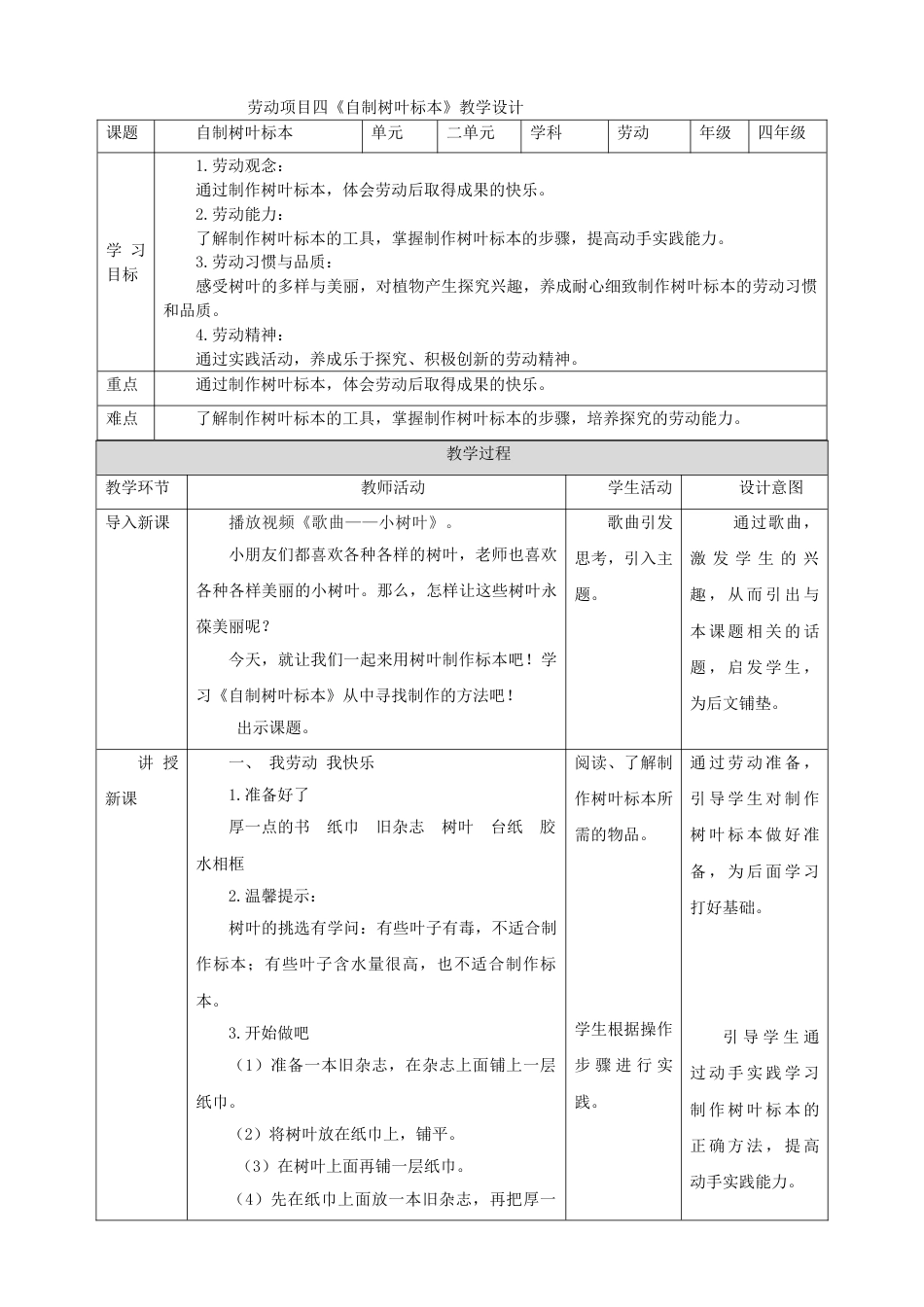 【核心素养目标】人教版《劳动教育》四上 劳动项目四《自制树叶标本》教案.doc_第1页