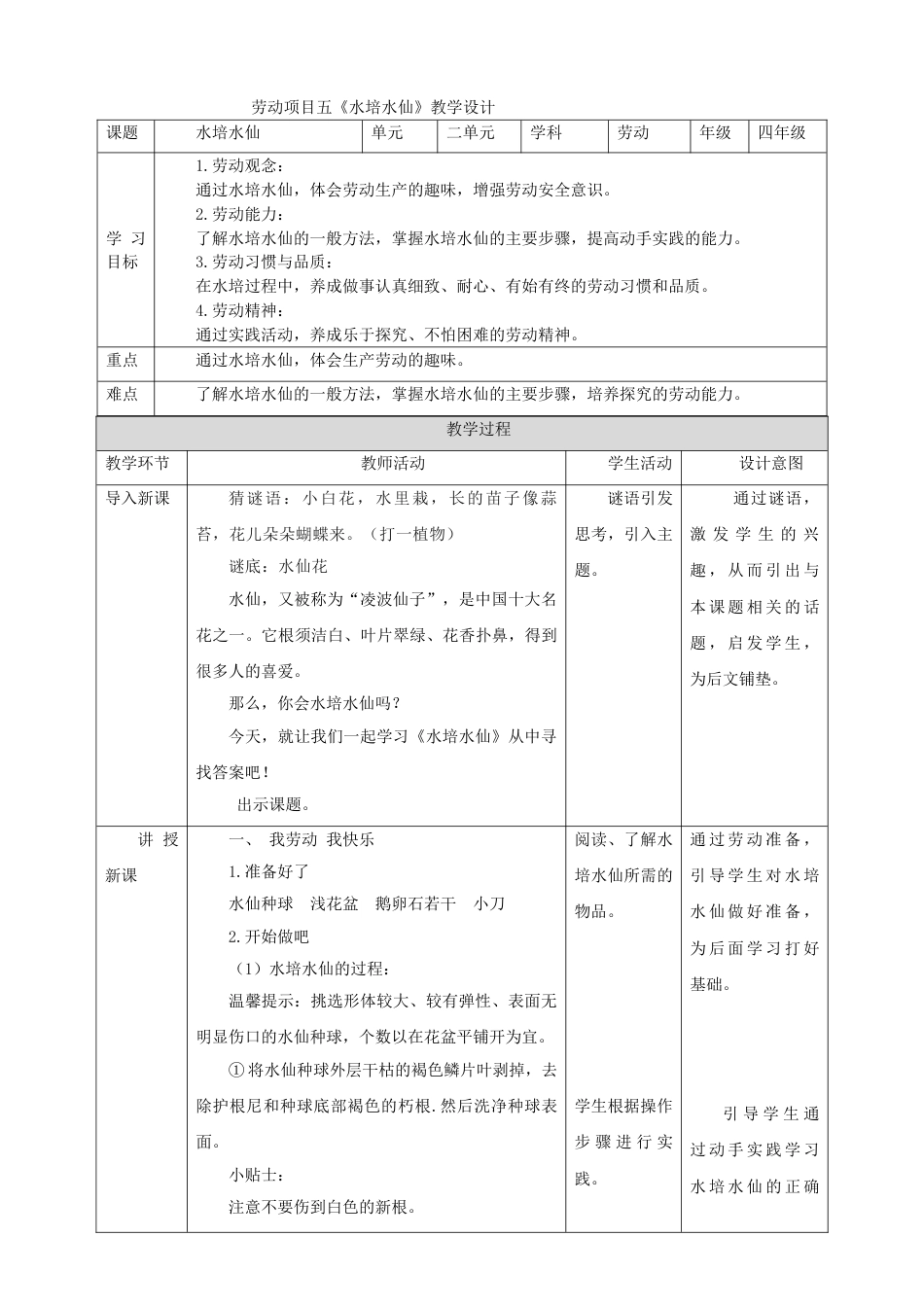 【核心素养目标】人教版《劳动教育》四上 劳动项目五《水培水仙》教案.doc_第1页